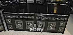 Korean Black Lacquer Sideboard Low Cabinet Set Pair Mother Of Pearl Inlay Antiqe