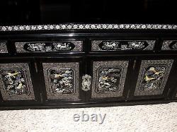 Korean Black Lacquer Sideboard Low Cabinet Set Pair Mother Of Pearl Inlay Antiqe