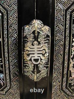 Korean Black Lacquer Sideboard Low Cabinet Set Pair Mother Of Pearl Inlay Antiqe