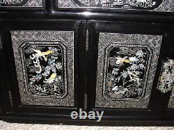 Korean Black Lacquer Sideboard Low Cabinet Set Pair Mother Of Pearl Inlay Antiqe