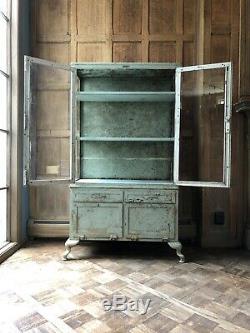 LARGE Antique Medical Cabinet, Industrial Apothecary, Metal And Glass Display