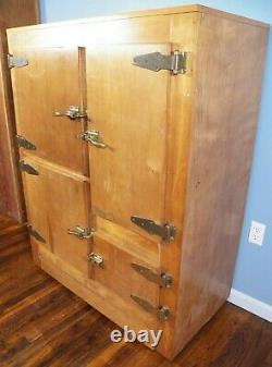 Large Antique Maple 4 Door Ice Box Brass Hardware home Bar size