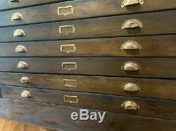 Large Antique Oak 14 Drawer Blueprint, Map Cabinet, Apothecary Brass Fixtures