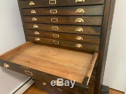 Large Antique Oak 14 Drawer Blueprint, Map Cabinet, Apothecary Brass Fixtures