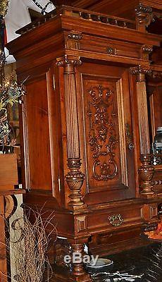 Large Antique Ornate Hutch with Marble Top Beautiful Detail Over 8 Feet Tall