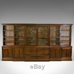 Large Breakfront Bookcase Cabinet, Mahogany, Glazed, Georgian Revival C20th