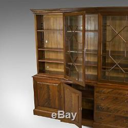Large Breakfront Bookcase Cabinet, Mahogany, Glazed, Georgian Revival C20th