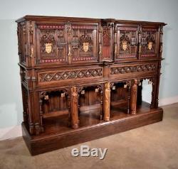 Large French Antique Gothic Revival Cabinet/Console/Sideboard, Highly Carved Oak