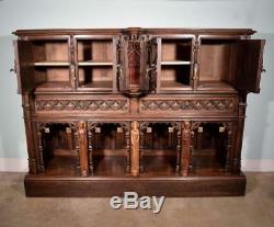 Large French Antique Gothic Revival Cabinet/Console/Sideboard, Highly Carved Oak