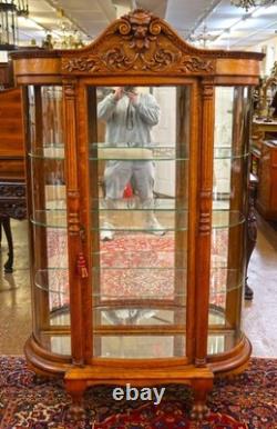 Late 19th Century Tiger Oak Reniassance Revival Carved Curio China Cabinet
