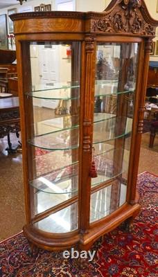 Late 19th Century Tiger Oak Reniassance Revival Carved Curio China Cabinet