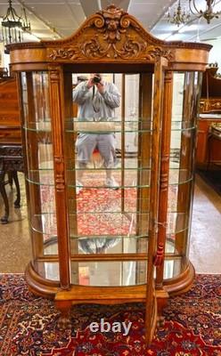Late 19th Century Tiger Oak Reniassance Revival Carved Curio China Cabinet