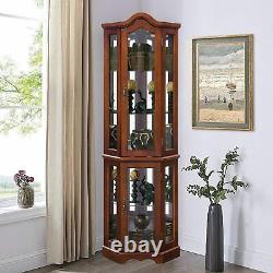 Lighted Corner Curio Cabinet 5-Tier Glass Wood Liquor Cabinet with Shelves