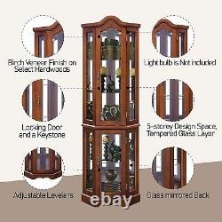 Lighted Corner Curio Cabinet 5-Tier Glass Wood Liquor Cabinet with Shelves