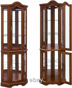 Lighted Corner Curio Cabinet 5-Tier Glass Wood Liquor Cabinet with Shelves