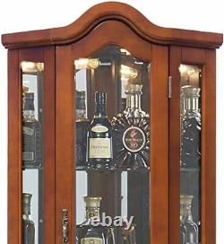 Lighted Corner Curio Cabinet 5-Tier Glass Wood Liquor Cabinet with Shelves