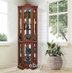 Lighted Corner Curio Cabinet 5-Tier Glass Wood Liquor Cabinet with Shelves