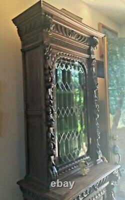 Lovely Antique German Curio/Bookcase Cabinet with Green Leaded Stained Glass