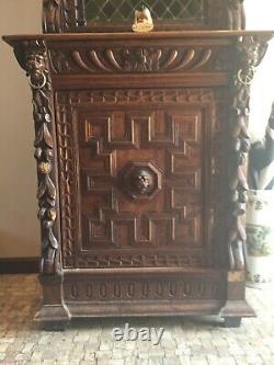 Lovely Antique German Curio/Bookcase Cabinet with Green Leaded Stained Glass