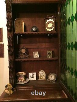 Lovely Antique German Curio/Bookcase Cabinet with Green Leaded Stained Glass