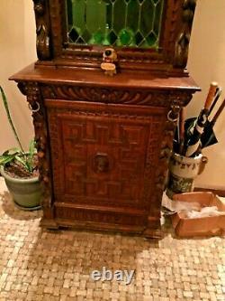 Lovely Antique German Curio/Bookcase Cabinet with Green Leaded Stained Glass