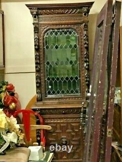 Lovely Antique German Curio/Bookcase Cabinet with Green Leaded Stained Glass