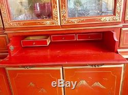 Maddox Colonial 1940s Red Lacquer Oriental China Hutch Chinoiserie