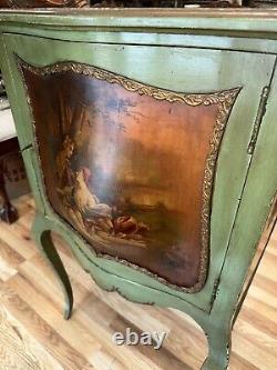 Mahogany Louis XV Painted Green Vernis Martin Scenic Romantic Music Cabinet
