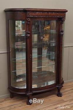 Master Carved Antique Tiger Oak Bowfront China Curio Display Cabinet Lion Heads
