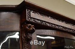 Master Carved Antique Tiger Oak Bowfront China Curio Display Cabinet Lion Heads