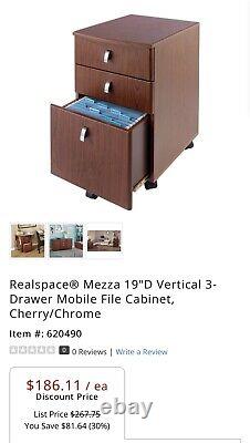 Mezza Mobile 19 FILE cabinet Cherry Chrome Rolling Filing Cabinet 3 Drawer NEW