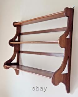 Mid 20th Century Large Cherry Wood Wall 3 Tier Display Shelf with Plate Rails