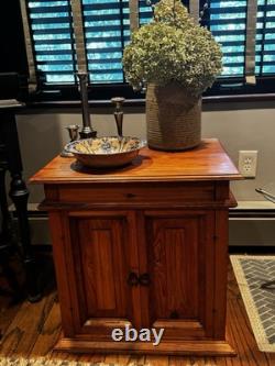 Mid 20th Century Vintage Rustic Pine End Cabinet With Secret Drawer & Doors