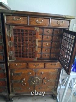 Mid 20th-century Korean 24-drawer apothecary herb chest medicine cabinet 2 pc