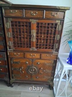 Mid 20th-century Korean 24-drawer apothecary herb chest medicine cabinet 2 pc