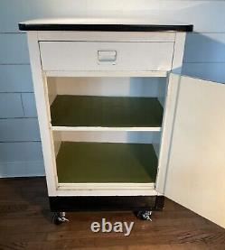 Mid Century 1950's Industrial Steel Medical Cabinet, Wheels, Org. Porcelain Top