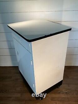 Mid Century 1950's Industrial Steel Medical Cabinet, Wheels, Org. Porcelain Top