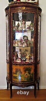 Mid Century 1950s Antique FLAME MAHOGANY Curio Cabinet Louis XIV