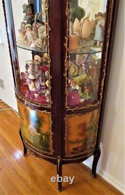Mid Century 1950s Antique FLAME MAHOGANY Curio Cabinet Louis XIV
