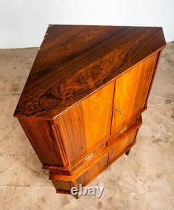 Mid Century Danish Modern Corner Cabinet Rosewood Bar Denmark Drawers Locking VG