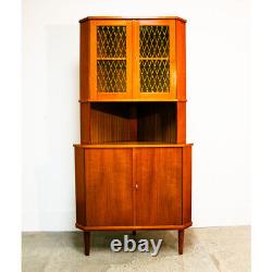 Mid Century Danish Modern Corner Cabinet Teak Wood Bar Denmark Locking Glass Mcm