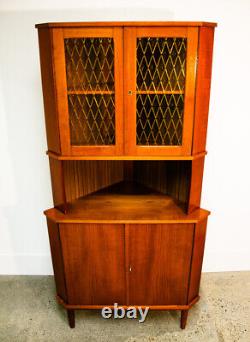 Mid Century Danish Modern Corner Cabinet Teak Wood Bar Denmark Locking Glass Mcm