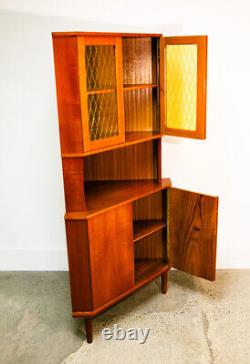 Mid Century Danish Modern Corner Cabinet Teak Wood Bar Denmark Locking Glass Mcm