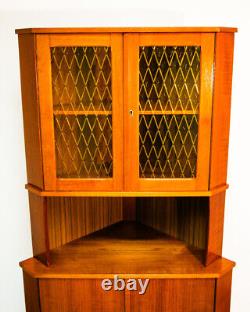 Mid Century Danish Modern Corner Cabinet Teak Wood Bar Denmark Locking Glass Mcm