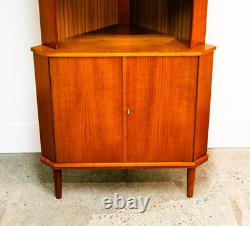 Mid Century Danish Modern Corner Cabinet Teak Wood Bar Denmark Locking Glass Mcm