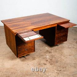 Mid Century Danish Modern Desk Executive Brazilian Rosewood Metal 8 Drawer Nipu