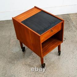 Mid Century Danish Modern End Table Craft Rolling Cart Teak Black Magazine Rack