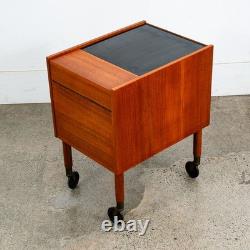 Mid Century Danish Modern End Table Craft Rolling Cart Teak Black Magazine Rack