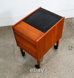 Mid Century Danish Modern End Table Craft Rolling Cart Teak Black Magazine Rack
