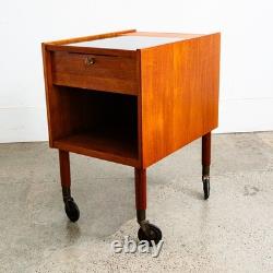 Mid Century Danish Modern End Table Craft Rolling Cart Teak Black Magazine Rack
